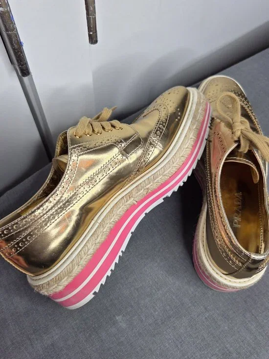 Prada Gold Metallic Platform Brogue Oxfords Espadrille Sole Women's 37.5 - Picture 12 of 13